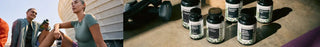 Zwei Personen in Trainingskleidung sitzen im Freien und halten Flaschen mit Nahrungsergänzungsmitteln in der Hand; mehrere Flaschen mit Nahrungsergänzungsmitteln mit Schwarzkümmelöl stehen auf dem Boden neben Fitnessgeräten.