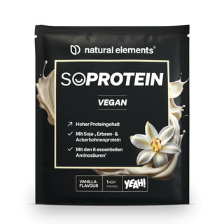 Schwarze Verpackung von „SoProtein Vegan“ von NATURAL ELEMENTS, Vanillegeschmack, mit einer Grafik einer Vanilleblüte und den Nährwertangaben auf Deutsch.