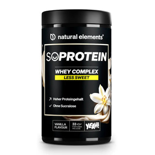 NATURAL ELEMENTS Molkenproteinpulver, Vanillegeschmack, mit der Aufschrift „Less Sweet“ und Abbildungen von Vanilleblüten auf der Vorderseite.